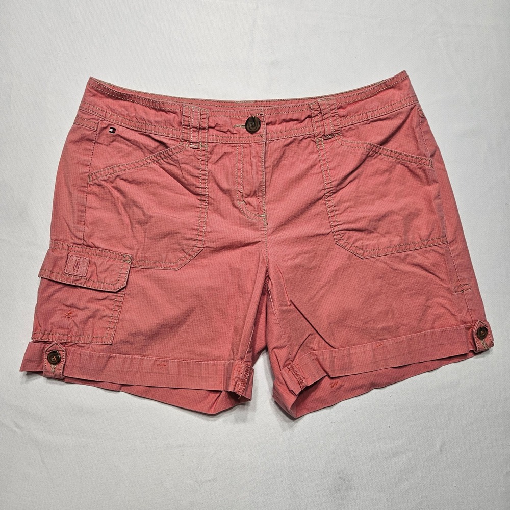 Tommy Hilfiger Womens Salmon Pink Cotton Cargo Shorts Size 8‎ Cuffed Mid Rise